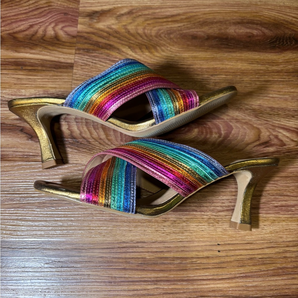 Seychelles Gold Heel Rainbow Strappy Mules